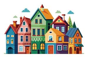 An illustration of a row of colorful houses with different architectural styles and details, with trees and clouds in the background, suggesting a sunny day in a lively town. vector