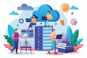 A cartoon illustration depicting people working on computers and servers in a cloud computing environment. The scene includes a large server rack, cloud, laptops, and people. vector