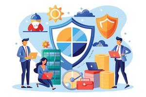 An illustration of three business professionals working together to protect sensitive data with a large shield in the center of the image. vector