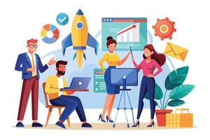 A cartoon illustration of a business team working together on a project, with a rocket ship in the background symbolizing their goals. vector