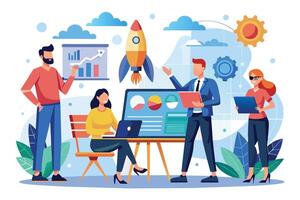 A team of four individuals is working on a new project. The image depicts them analyzing data, collaborating, and preparing for a launch. vector
