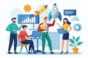 A group of business professionals collaborate in an office setting, demonstrating teamwork, innovation, and growth. vector