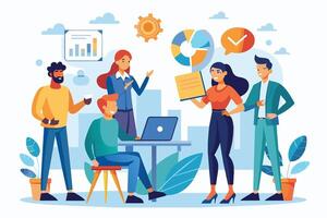 An illustration of a diverse team collaborating on a project during a meeting. Two team members discuss a document, while the other two listen and engage. vector