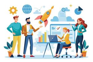 Illustration of a business team working together on a project, with a rocket and charts in the background. The team is looking at a laptop and discussing a plan. vector