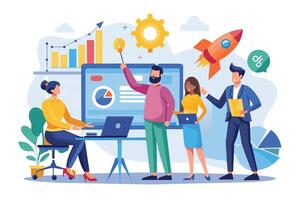 A team of four professionals collaborates on a project growth strategy, using data analysis, a light bulb for ideas, and a rocket to illustrate growth. vector
