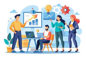 A team of four individuals are collaborating on a project. They are analyzing data and discussing growth strategies, utilizing laptops, a whiteboard, and innovative ideas. vector