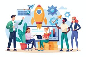 An illustration of a diverse business team working together on a startup project. vector