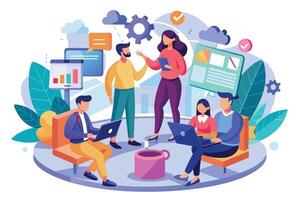 An illustration of four professionals collaborating on a project, brainstorming ideas, and discussing strategies. vector