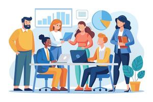 A diverse team of colleagues is working together in a modern office setting. The team includes men and women of various ethnicities and backgrounds. vector