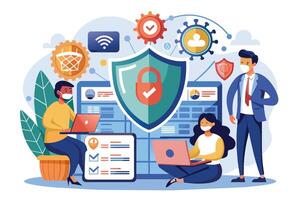 Illustration of three people working online in teamwork, wearing masks, with shield, padlock, and virus symbols for security. vector