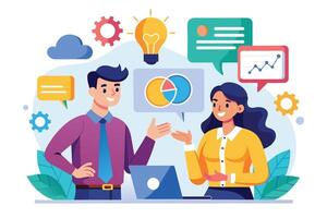 An illustration of a man and a woman discussing a data analysis project. They are both smiling and appear to be working together on a laptop. vector