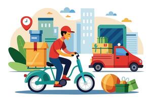 A delivery person rides a bicycle with a package on the back, moving through the city with a truck parked in the background. vector