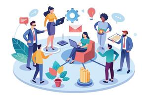 An illustration of a diverse team of professionals working together on a business project. They are using laptops, discussing ideas, and collaborating to achieve their goals. vector