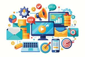 Colorful illustration featuring icons of various digital marketing strategies, including email, marketing, social media, and search engine optimization. vector