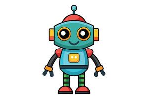 A cartoon illustration of a blue, friendly robot with big eyes and a smile, standing on a white background. vector