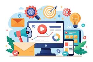 Image of a digital marketing plan with email, , and mobile optimization, highlighting target audience, content creation, and performance metrics. vector