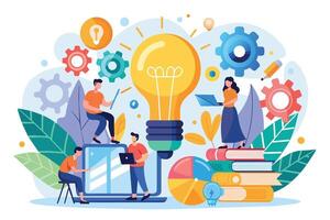 A picture of four people collaborating on a project with a light bulb, gears, and laptop, promotes teamwork, creativity, and problem-solving. vector