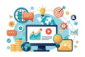 A colorful illustration depicting a desktop computer with a line chart, play button, and lightbulb, surrounded by other marketing icons like a globe, target, and email. vector