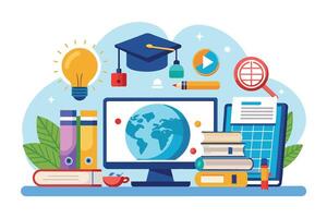 Illustration depicting global online education with a computer displaying a globe, books, a graduation cap, and other learning icons. vector