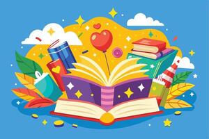 An open book with colorful illustrations and decorations, including a heart balloon, clouds, and stars. vector