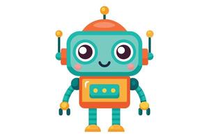 Happy cartoon robot with big eyes, smile, and teal, orange, yellow colors. Rectangular head, antennas, arms, hands, and rectangular chest panel. vector