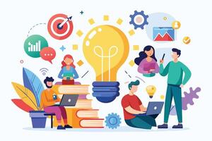 An illustration shows a team collaborating on a project, surrounded by symbols of creativity and innovation. A large lightbulb symbolizes a new idea. vector
