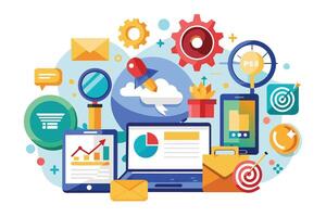 Colorful illustration depicting a digital marketing strategy with various components, such as analytics, social media, email marketing, and search engine optimization. vector
