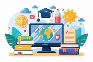 Illustration of a computer screen displaying a globe, representing global online education and learning resources for students. vector