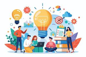 A team of diverse individuals work together to brainstorm ideas, represented by a large lightbulb, while surrounded by symbols of innovation and success. vector