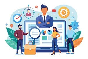 An illustration depicting four business professionals working together to analyze data and charts displayed on a laptop screen. vector