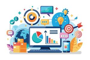 This illustration depicts a digital marketing strategy with charts, graphs, a globe, and other digital elements. vector