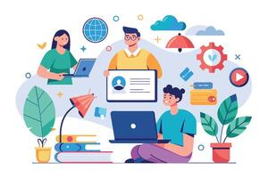 An illustration depicting a diverse group of students utilizing a modern online learning platform, showcasing the various features and benefits it offers. vector