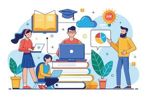 An illustration of online learning with a group of students using laptops and a teacher presenting a pie chart. vector