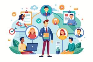 An illustration depicts a group of diverse business professionals collaborating and networking in a modern office setting. vector