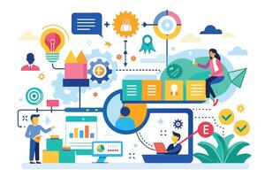 Illustration of a team working together to achieve digital marketing success. They use data analysis, strategy, and collaboration to reach their goals. vector