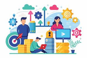 Illustration of a team working towards a common goal shown by a bullseye. Elements symbolize growth, innovation, and collaboration. vector