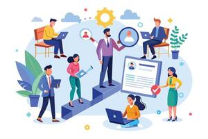 An illustration depicting a diverse team working together on a project using technology and reviewing a resume for a new job opportunity. vector