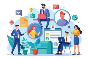 A colorful illustration depicting a team of diverse professionals working together in an office environment. vector