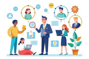 An illustration depicting a diverse team of professionals working together to develop a business strategy. The image showcases collaboration, communication, and teamwork. vector