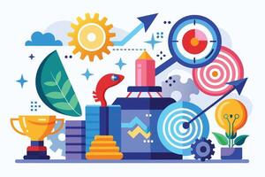 An abstract illustration featuring colorful icons symbolizing progress, achievement, and creative thinking. vector