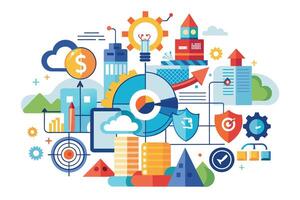 An illustration depicting various business growth strategies, including cloud computing, data analysis, security, and innovation. vector