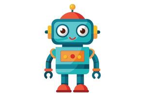 An illustration of a cartoon robot with a blue body, red hat, and yellow ears, standing on a white background. vector
