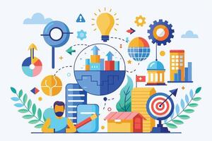 Illustration of a businessman planning strategic growth for urban development with several visual elements representing ideas, data, and goals. vector