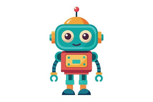 This image shows a friendly cartoon robot with a blue and red color scheme. The robot is smiling and has large, expressive eyes. vector