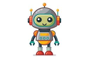A cartoon robot with a happy face, gray helmet, yellow body, and green hands stands in front of a white background. vector