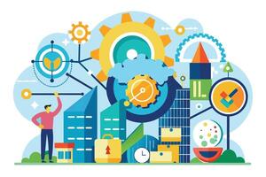 An illustration of a man standing in front of a complex cityscape, working on a project involving gears, a cloud, buildings, and other elements. vector