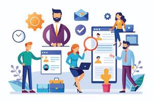 A team of professionals reviews candidate profiles displayed on a large digital platform. They discuss qualifications and make decisions about potential hires. vector