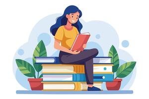 An illustration of a woman sitting on a stack of books and reading a red book. She is smiling and has long blue hair. There are two potted plants on either side of the stack of books. vector