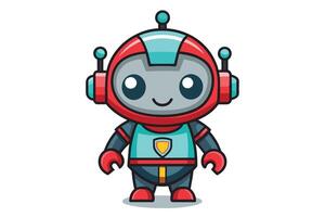 A cartoon robot with a red helmet, blue suit, and a friendly smile stands against a white background. vector