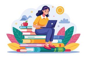 An illustration of a woman sitting on a stack of colorful books and using a laptop. She is wearing blue jeans and a yellow shirt, and there is an apple on a nearby book. vector